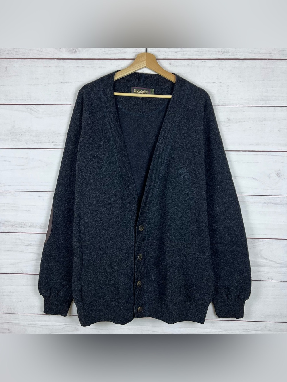 VTG Timberland Weathergear Gray Wool Cardigan Grandpa Sweater Elbow Patch XL